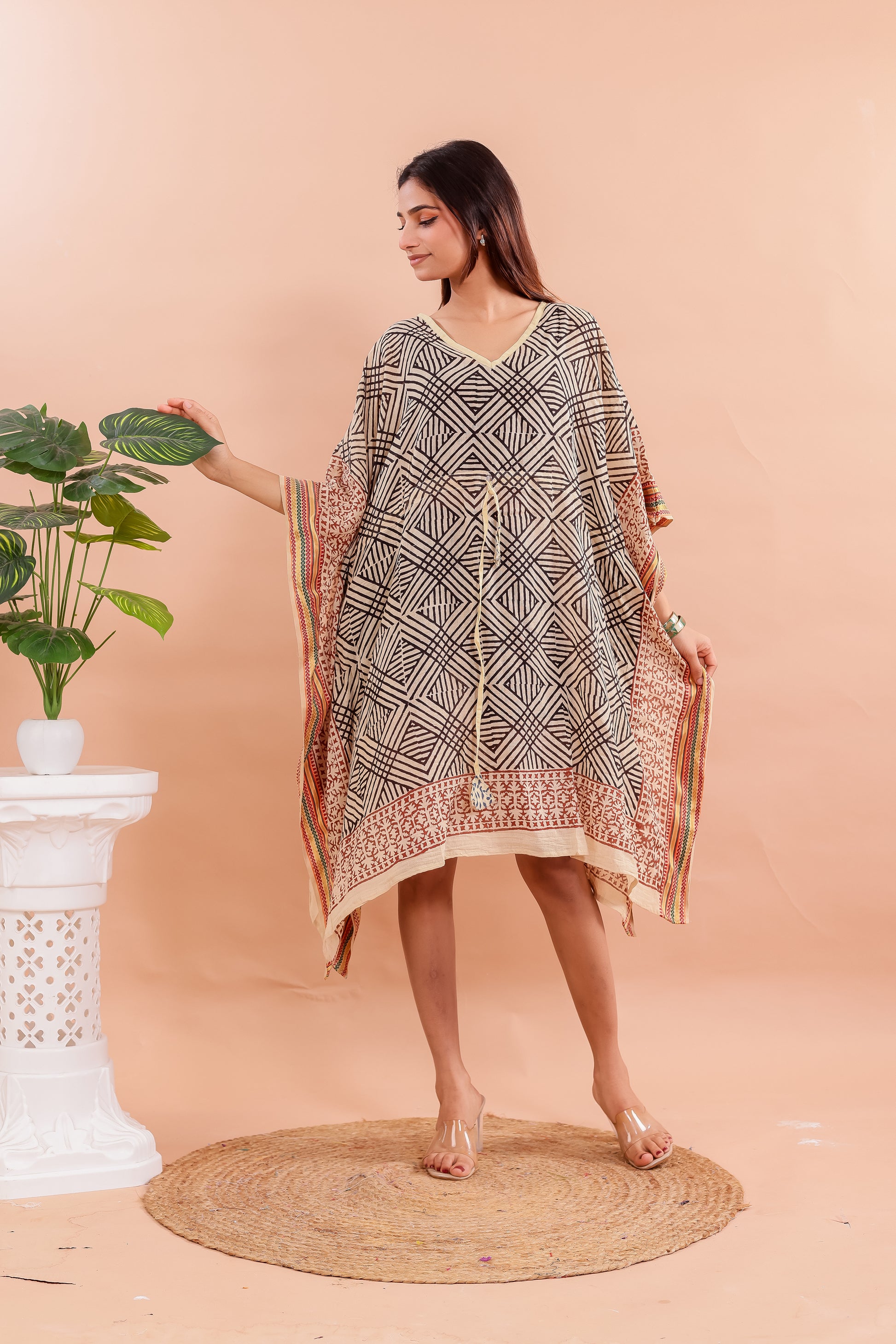 Bold Tribal Print Beige and Black Cotton Kaftan Dress with Hand Block Accents