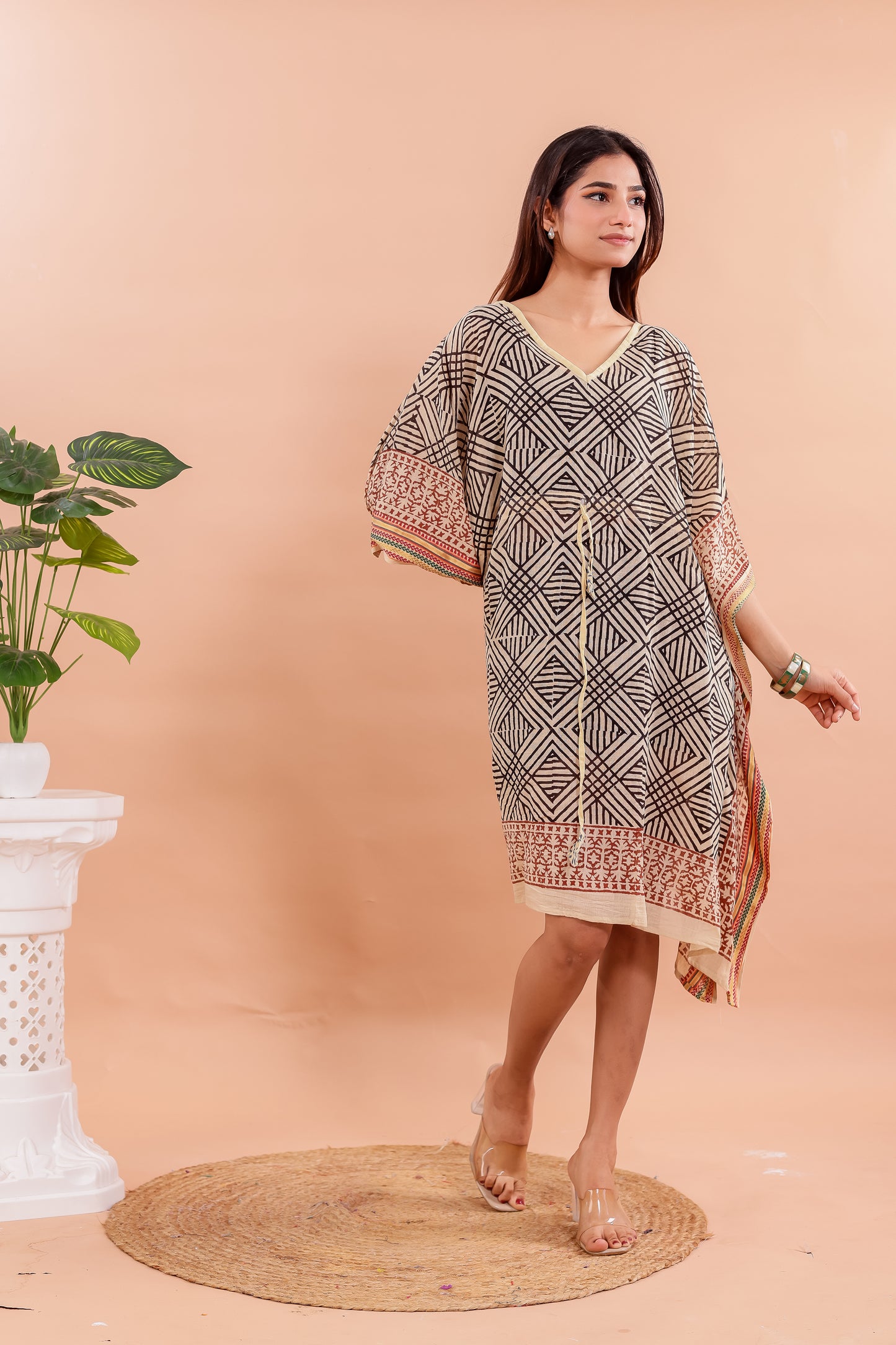 Bold Tribal Print Beige and Black Cotton Kaftan Dress with Hand Block Accents