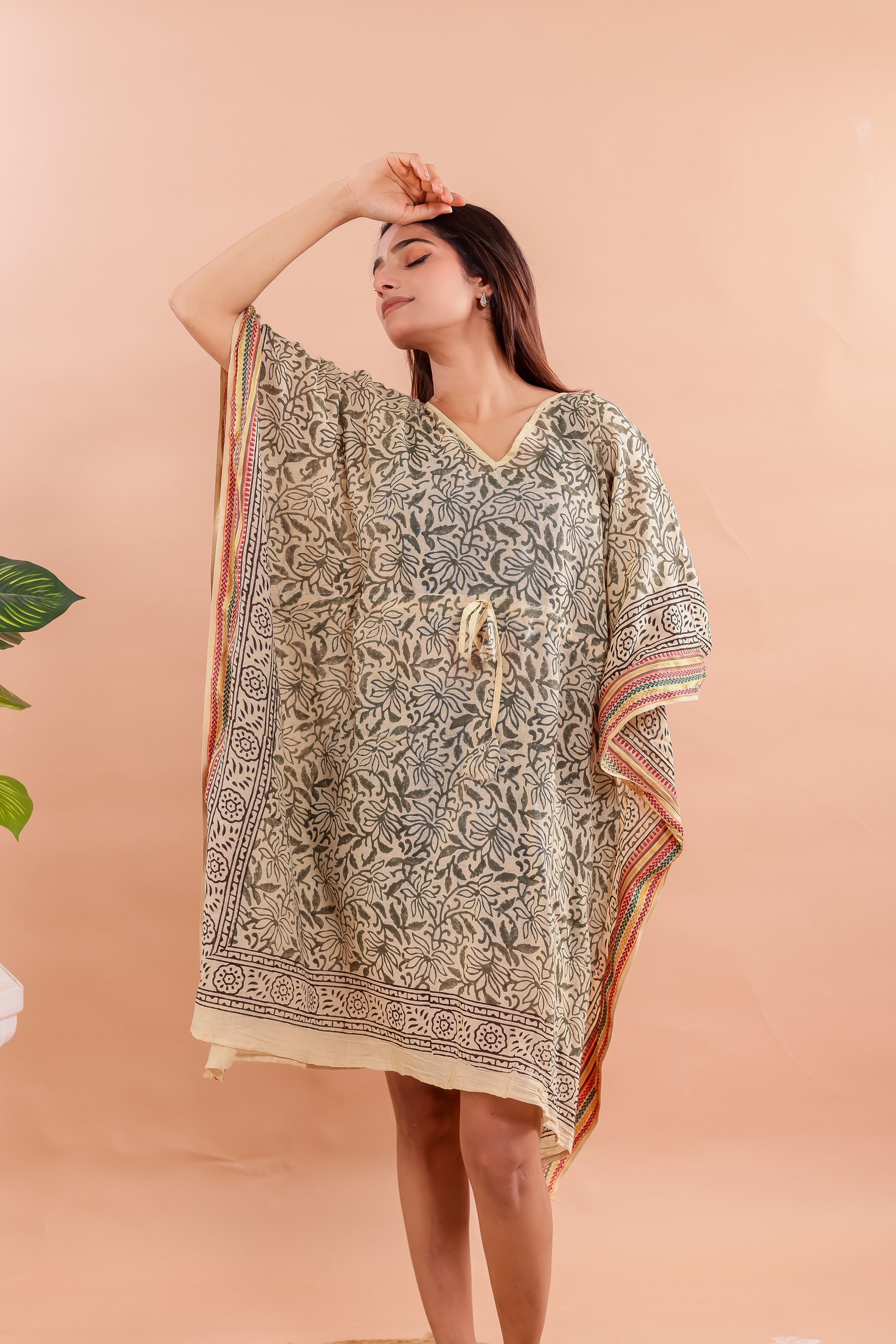 Beige and Olive Hand Block Printed Cotton Kaftan with Floral Vines and Traditional Borders