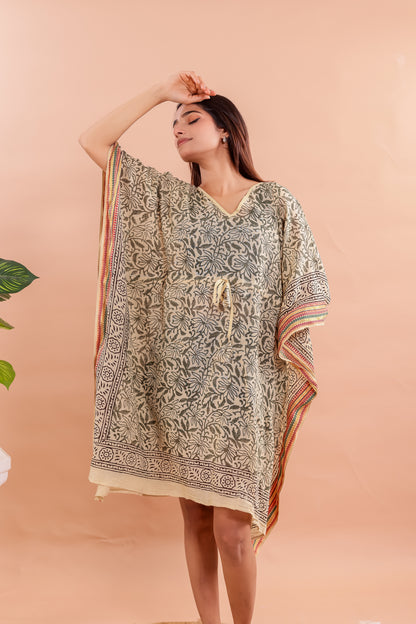 Beige and Olive Hand Block Printed Cotton Kaftan with Floral Vines and Traditional Borders