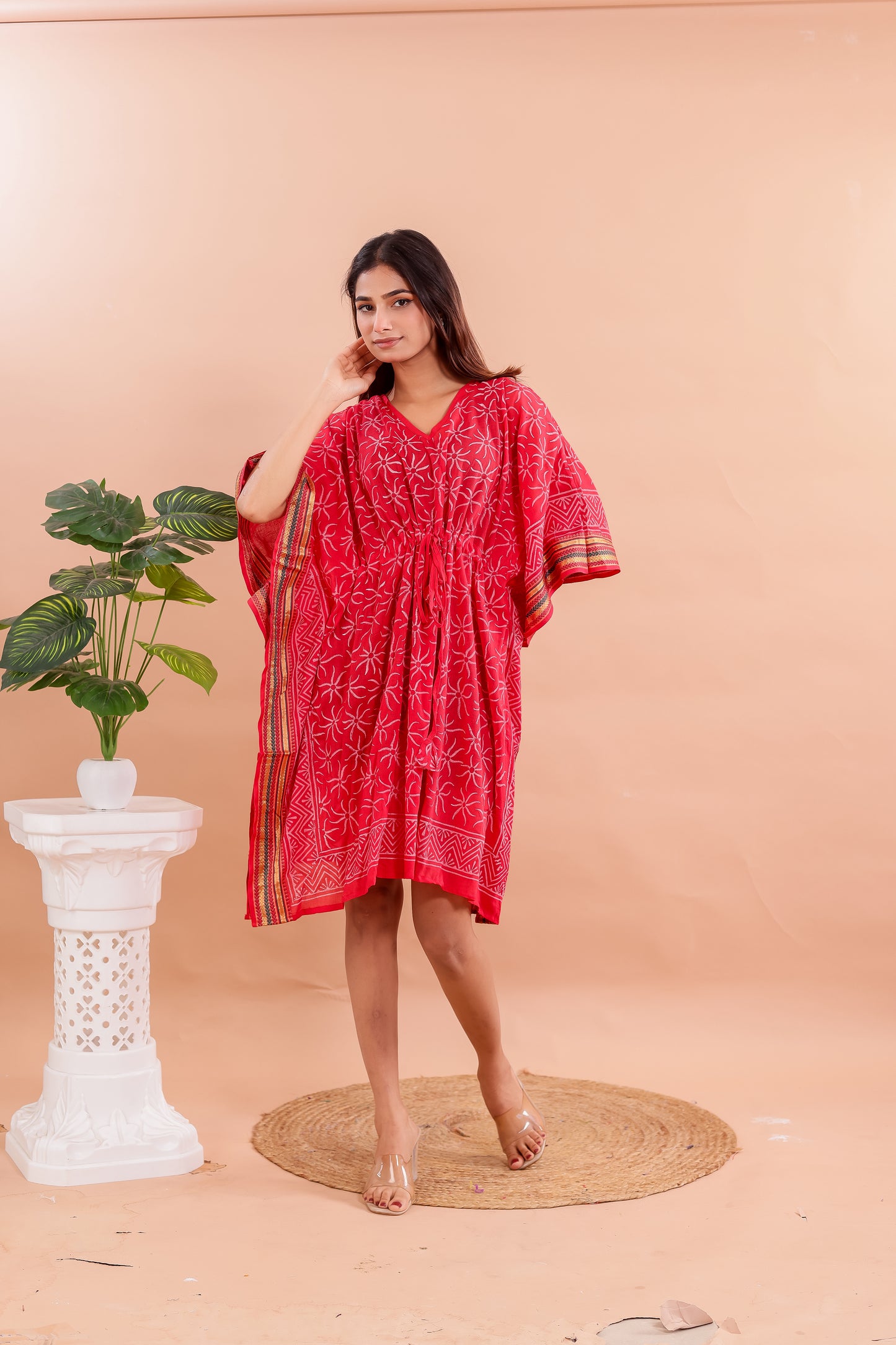 Vibrant Red Hand Block Printed Cotton Kaftan with Side Stripe Accents