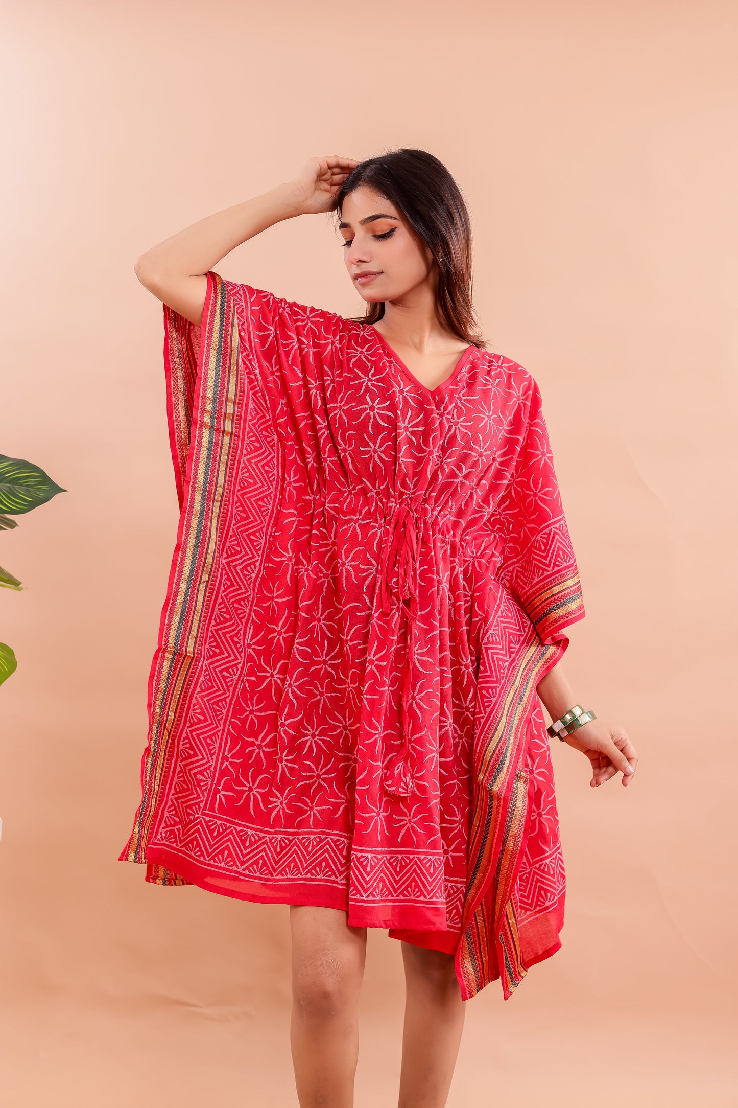 Vibrant Red Hand Block Printed Cotton Kaftan with Side Stripe Accents