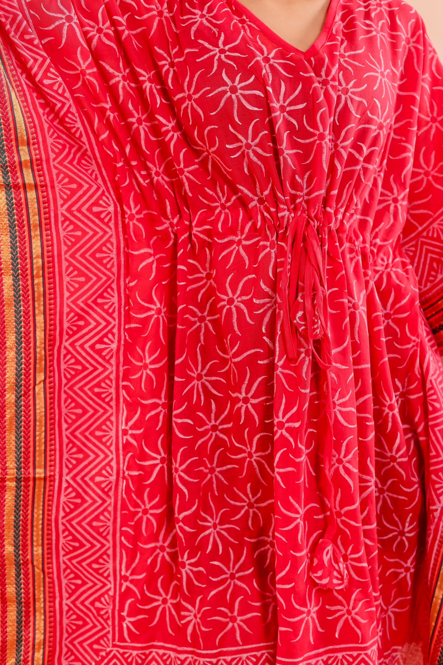 Vibrant Red Hand Block Printed Cotton Kaftan with Side Stripe Accents