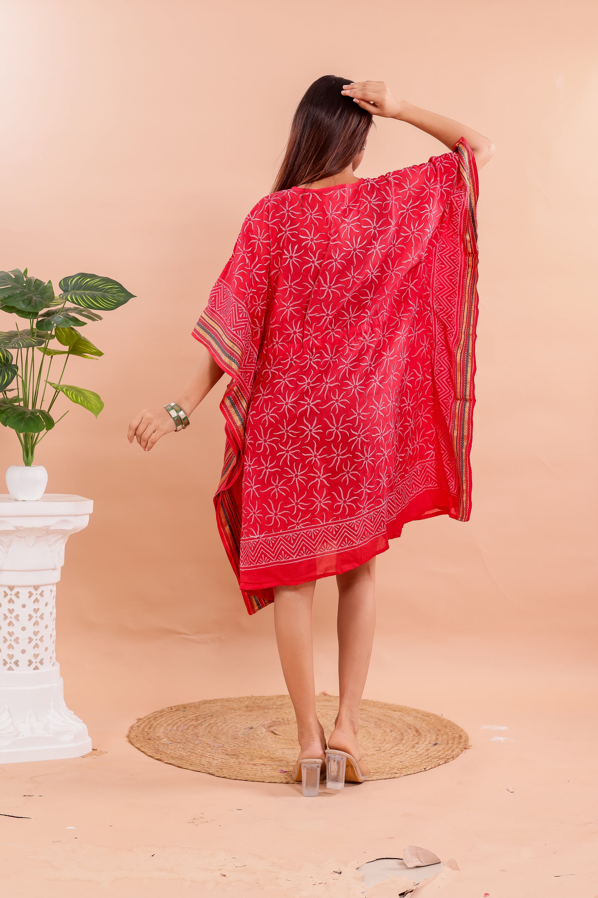 Vibrant Red Hand Block Printed Cotton Kaftan with Starry Floral Motifs & Ethnic Borders