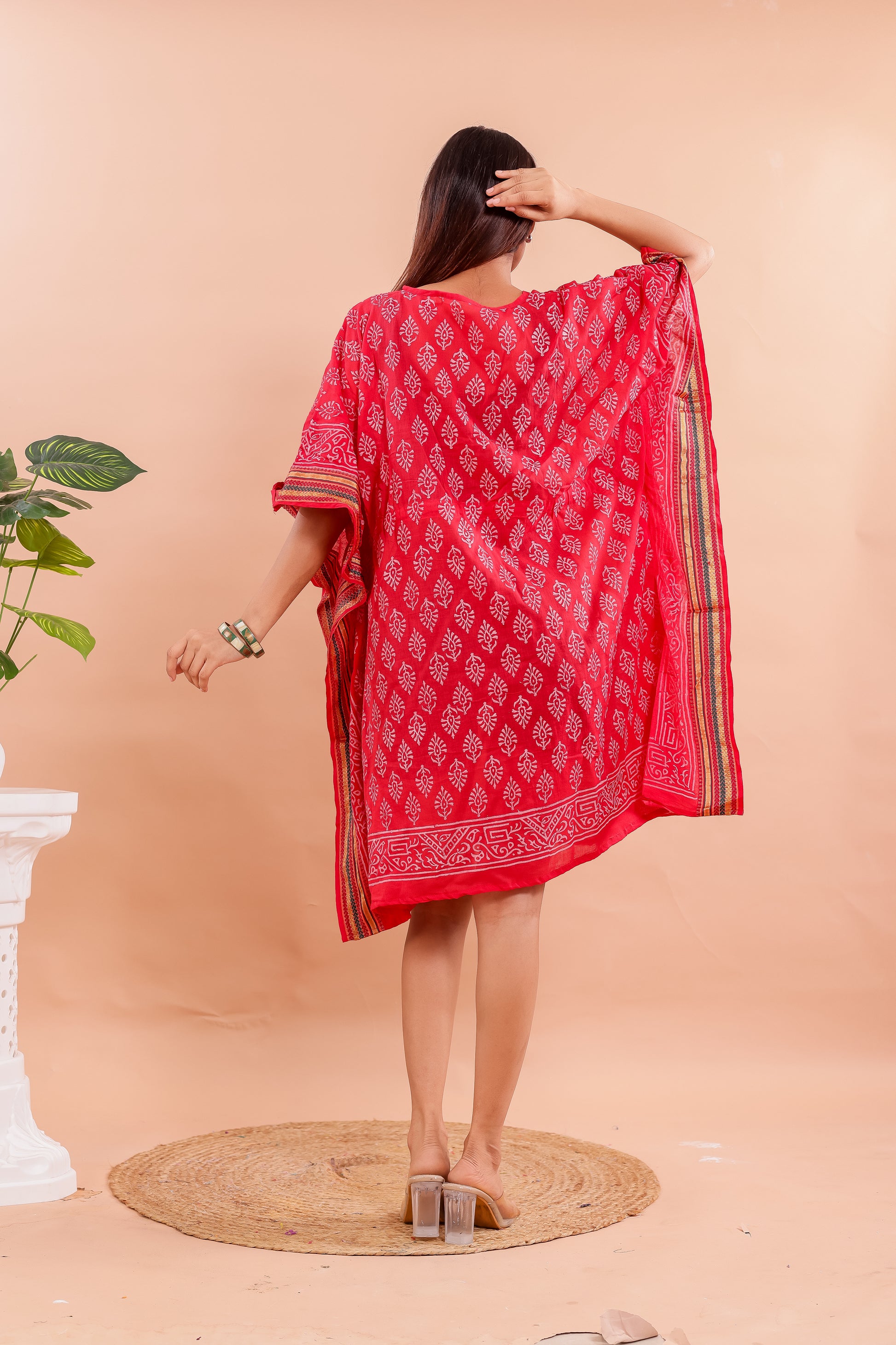 Vibrant Red Hand Block Printed Cotton Kaftan with Side Stripe Accents