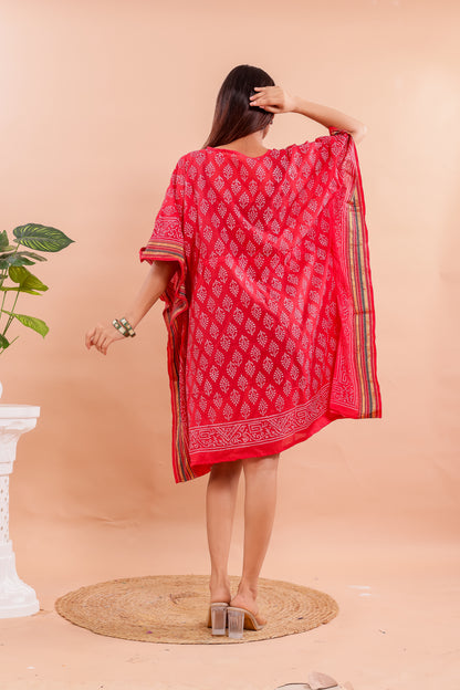 Vibrant Red Hand Block Printed Cotton Kaftan with Side Stripe Accents