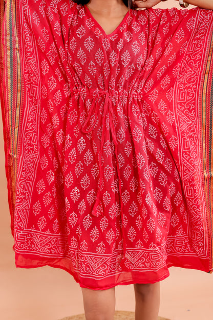 Vibrant Red Hand Block Printed Cotton Kaftan with Starry Floral Motifs & Ethnic Borders