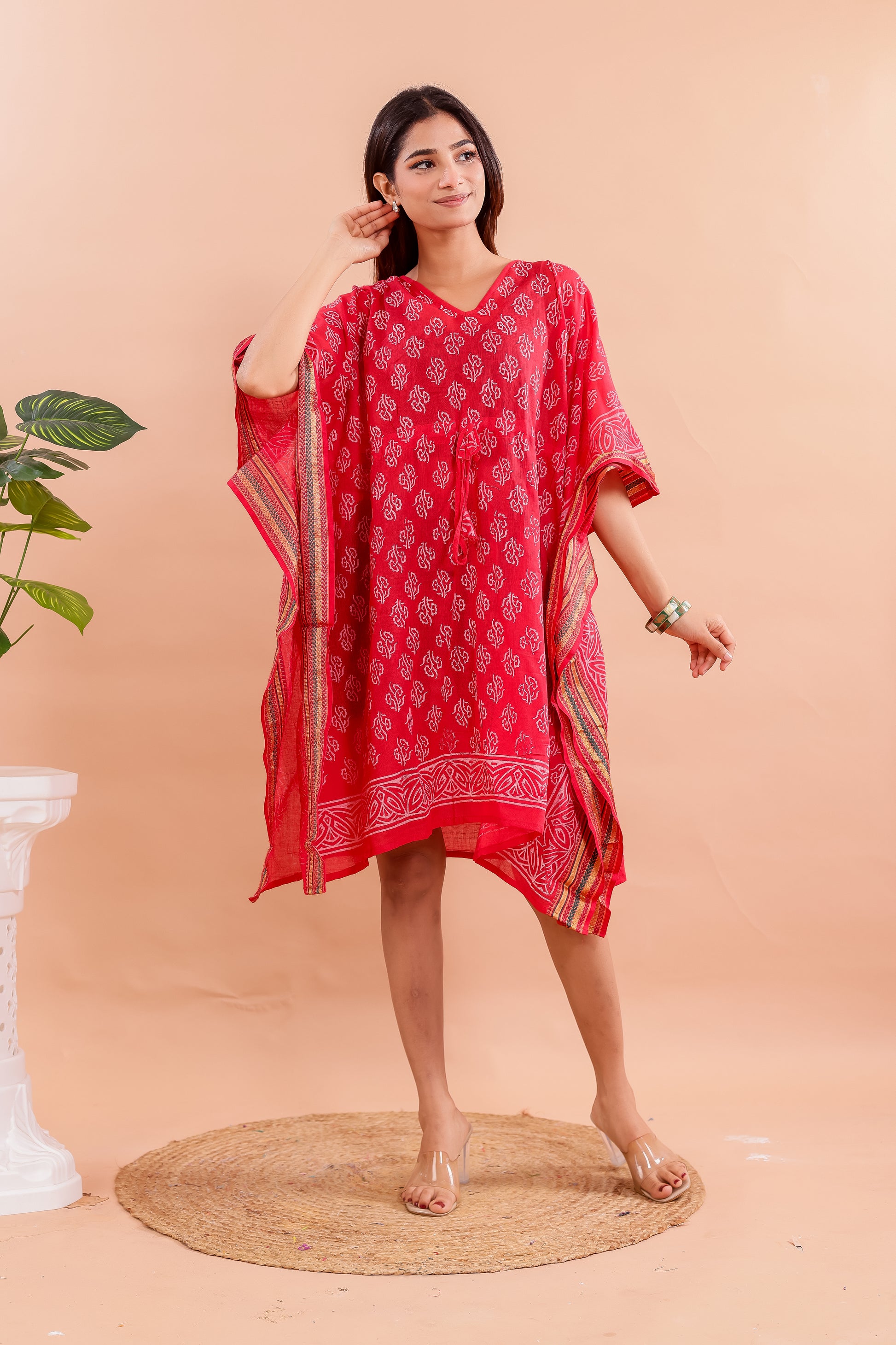 Vibrant Red Hand Block Printed Cotton Kaftan with Side Stripe Accents