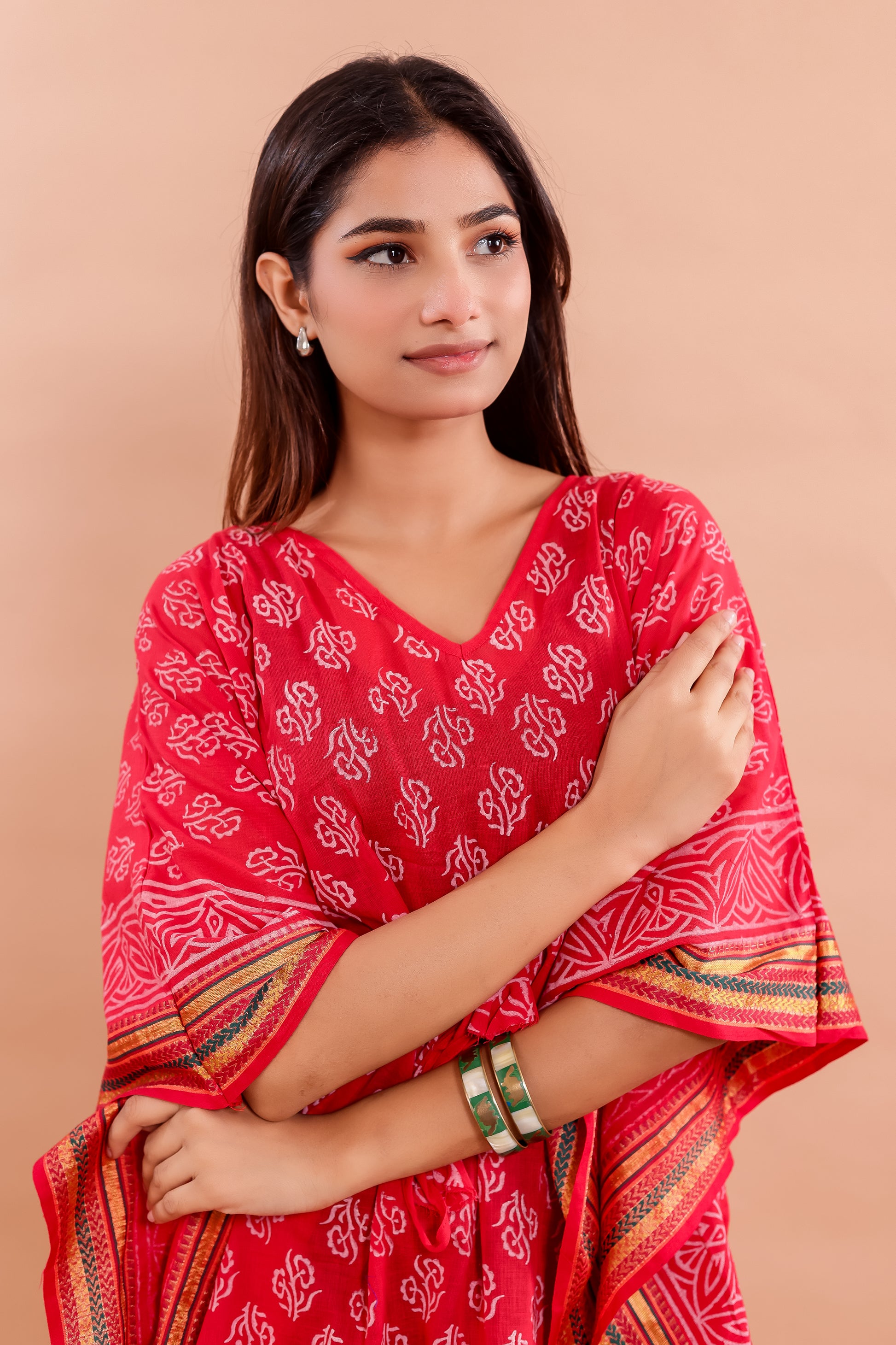 Vibrant Red Hand Block Printed Cotton Kaftan with Starry Floral Motifs & Ethnic Borders