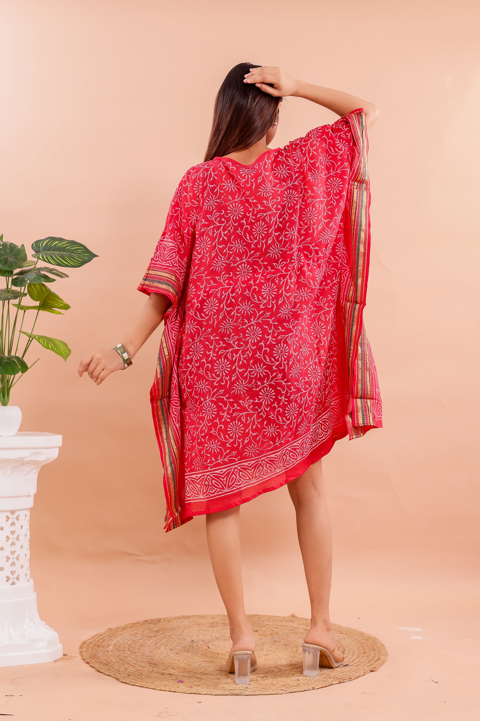 Vibrant Red Hand Block Printed Cotton Kaftan with Floral Motifs and Ethnic Borders