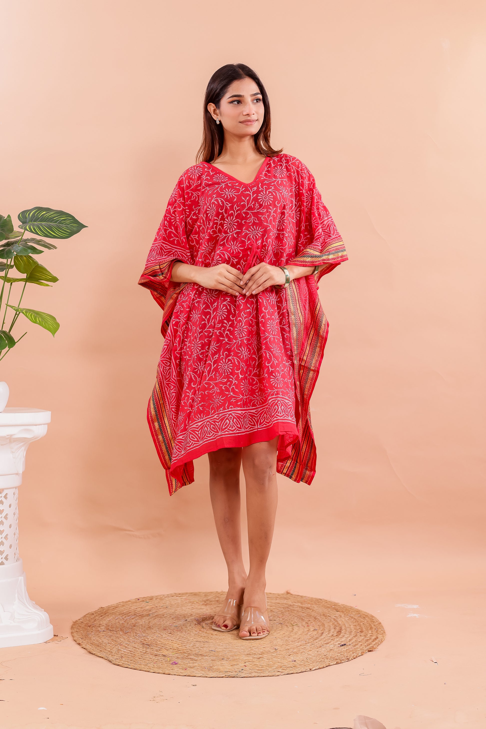 Vibrant Red Hand Block Printed Cotton Kaftan with Side Stripe Accents