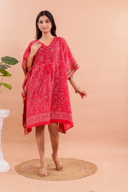 Vibrant Red Hand Block Printed Cotton Kaftan with Floral Motifs and Ethnic Borders