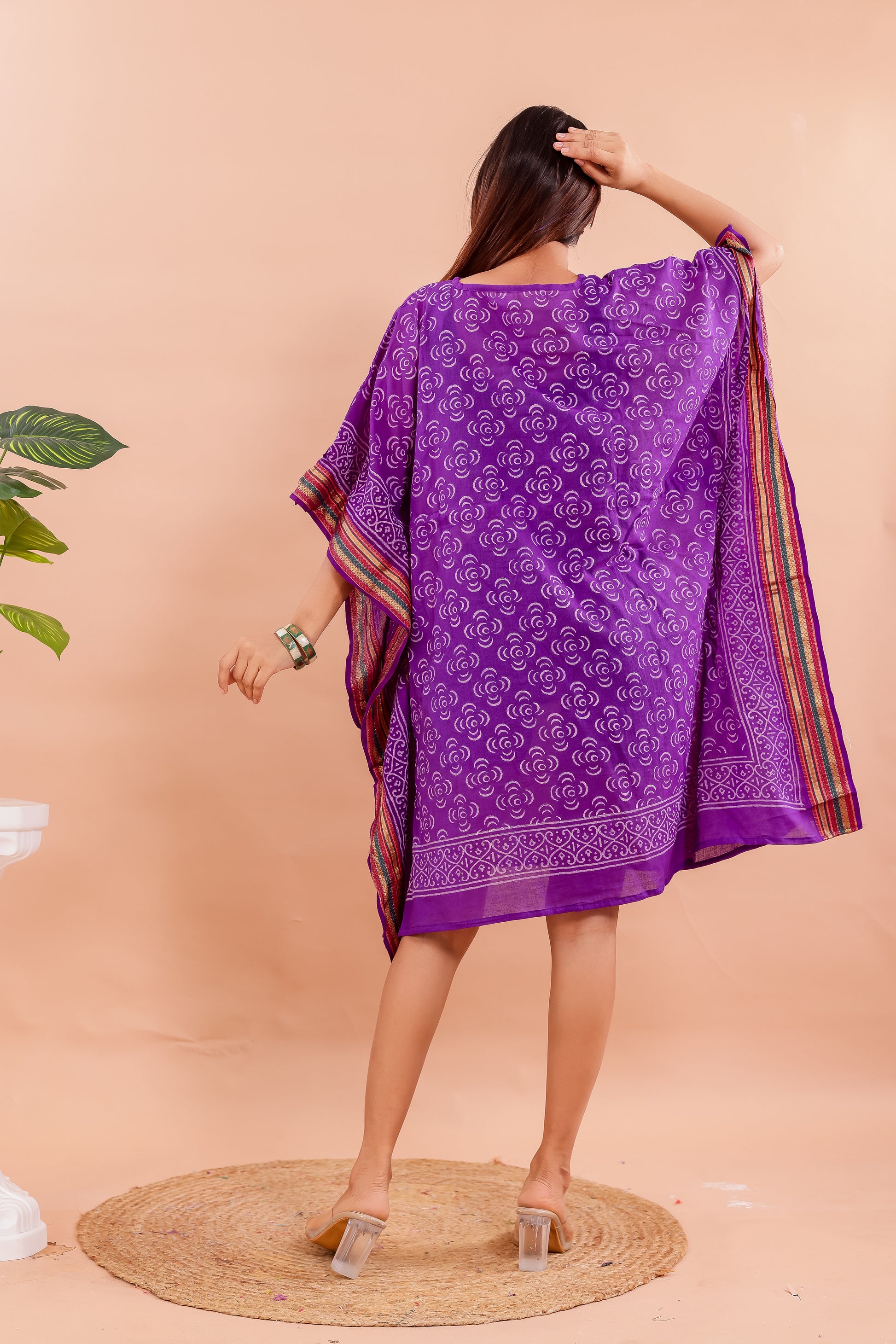 Royal Purple Hand Block Printed Cotton Kaftan with Swirl Motifs and Ethnic Borders