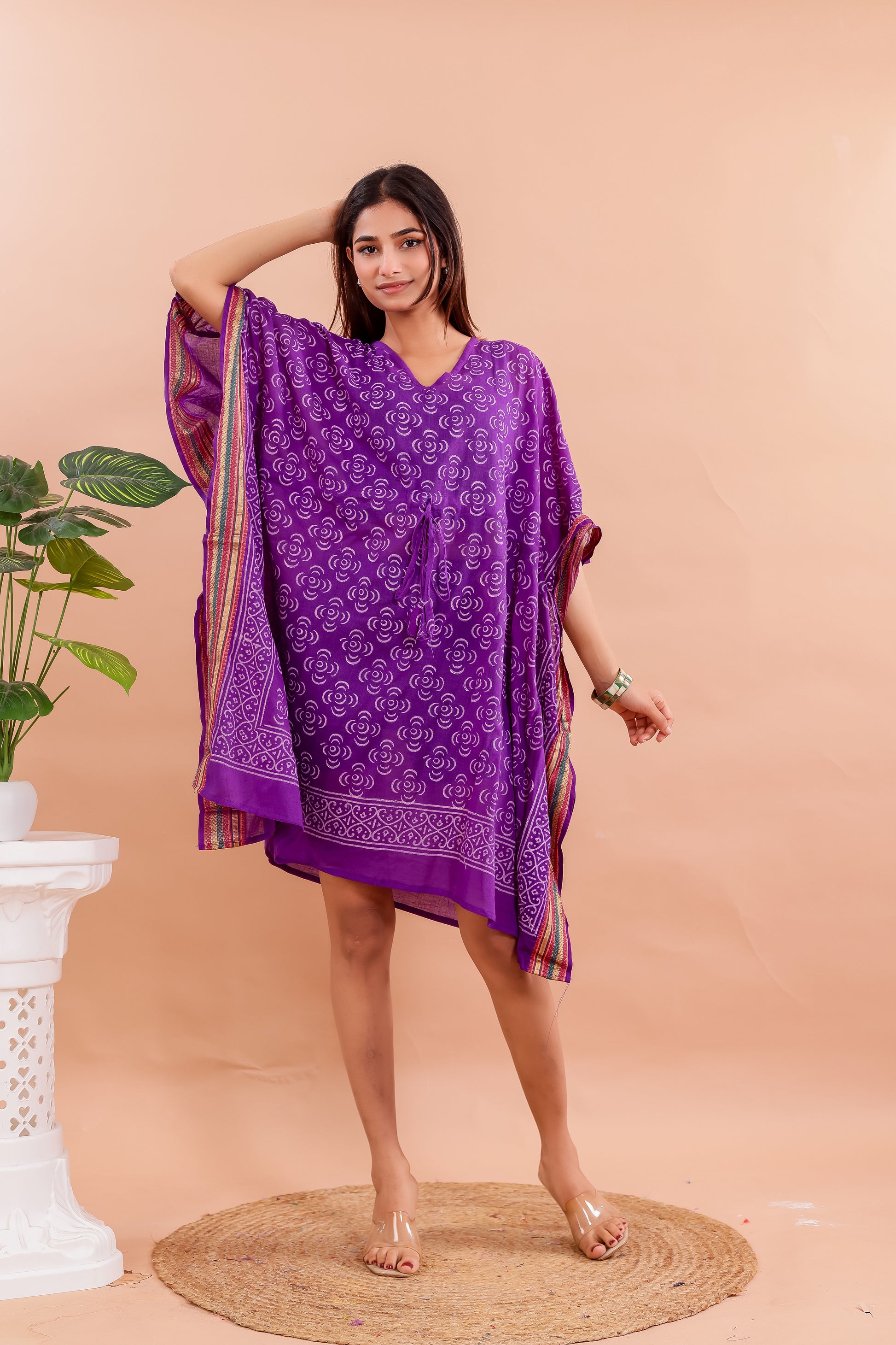 Royal Purple Hand Block Printed Cotton Kaftan with Swirl Motifs and Ethnic Borders