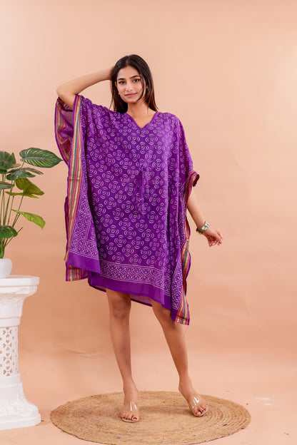Royal Purple Hand Block Printed Cotton Kaftan with Swirl Motifs and Ethnic Borders