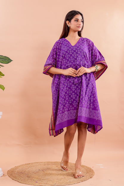 Royal Purple Hand Block Printed Cotton Kaftan with Swirl Motifs and Ethnic Borders