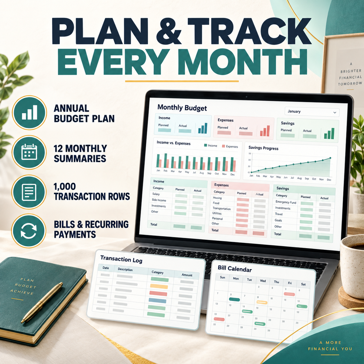 Complete Annual Budget Spreadsheet | Excel & Google Sheets Budget Planner | Monthly Expense Tracker, Bill, Debt, Savings & Net Worth