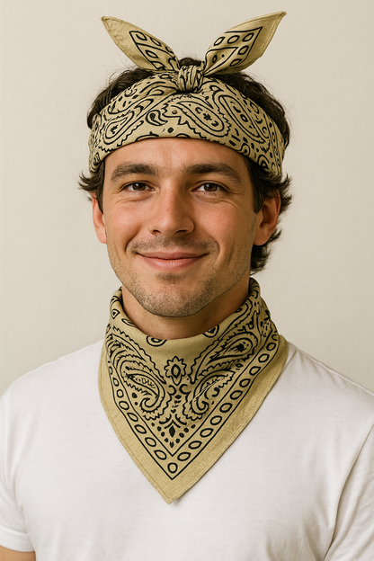 Eco-Friendly Beige & Black Paisley Bandana | Unisex Organic Cotton Scarf - Size 21x21 Inches, Hair Scarf
