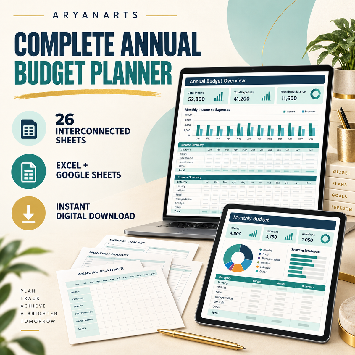Complete Annual Budget Spreadsheet | Excel & Google Sheets Budget Planner | Monthly Expense Tracker, Bill, Debt, Savings & Net Worth