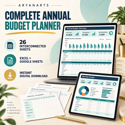Complete Annual Budget Spreadsheet | Excel & Google Sheets Budget Planner | Monthly Expense Tracker, Bill, Debt, Savings & Net Worth
