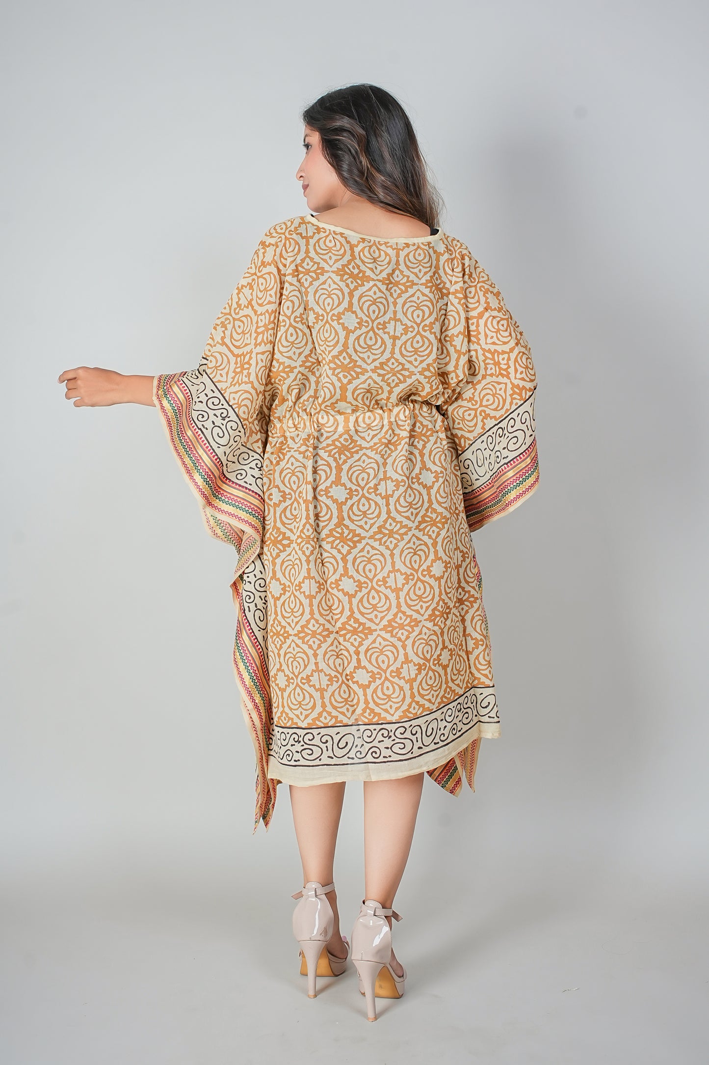 Hand Block Printed Cotton Kaftan Dress – Mustard Floral Jaal with Ethnic Borders