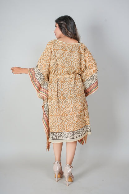 Hand Block Printed Cotton Kaftan Dress – Mustard Floral Jaal with Ethnic Borders