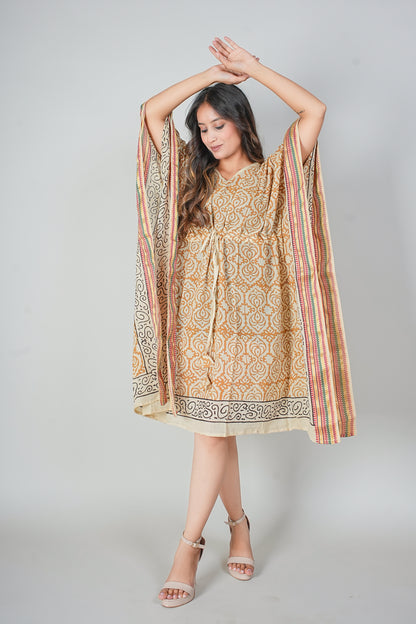 Hand Block Printed Cotton Kaftan Dress – Mustard Floral Jaal with Ethnic Borders