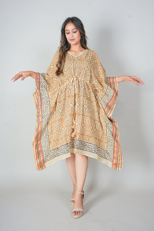 Hand Block Printed Cotton Kaftan Dress – Mustard Floral Jaal with Ethnic Borders