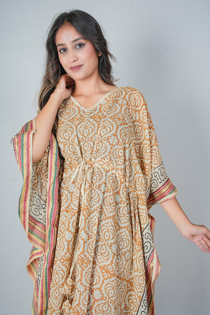Hand Block Printed Cotton Kaftan Dress – Mustard Floral Jaal with Ethnic Borders