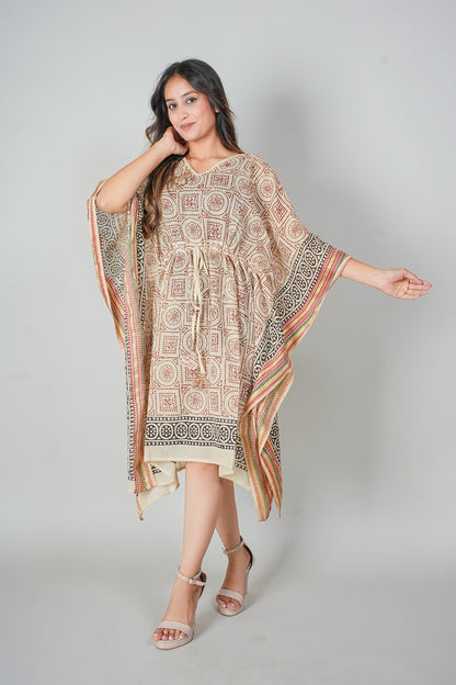 Hand Block Printed Cotton Kaftan Dress – Geometric Red & Black Mandala Panels (Free Size)