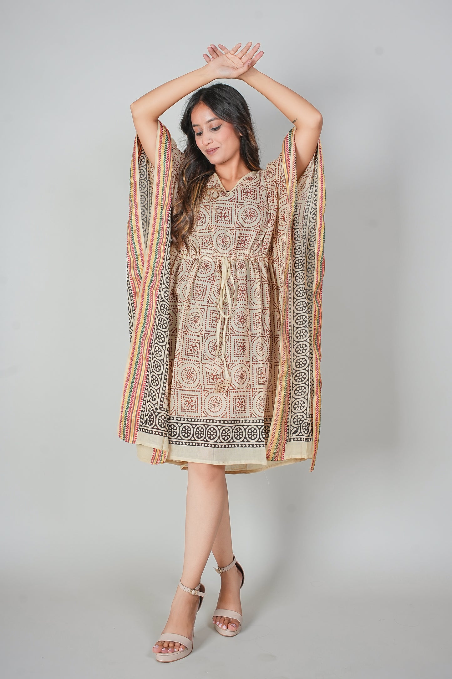 Hand Block Printed Cotton Kaftan Dress – Geometric Red & Black Mandala Panels (Free Size)