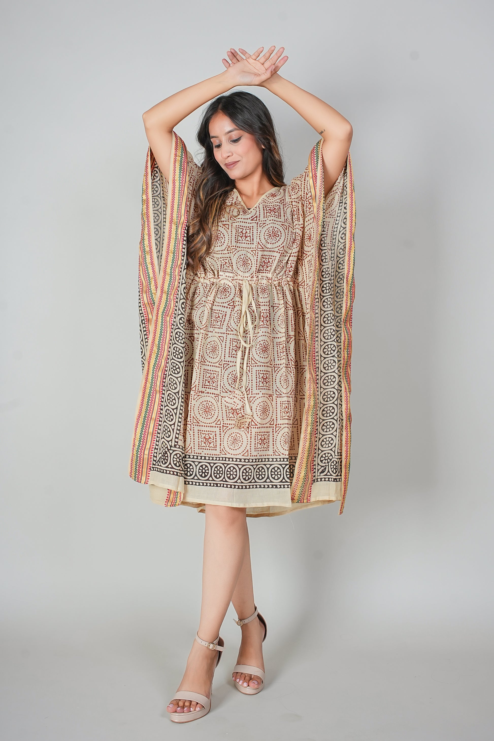 Hand Block Printed Cotton Kaftan Dress – Geometric Red & Black Mandala Panels (Free Size)