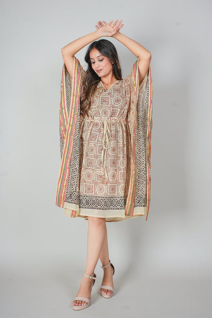 Hand Block Printed Cotton Kaftan Dress – Geometric Red & Black Mandala Panels (Free Size)