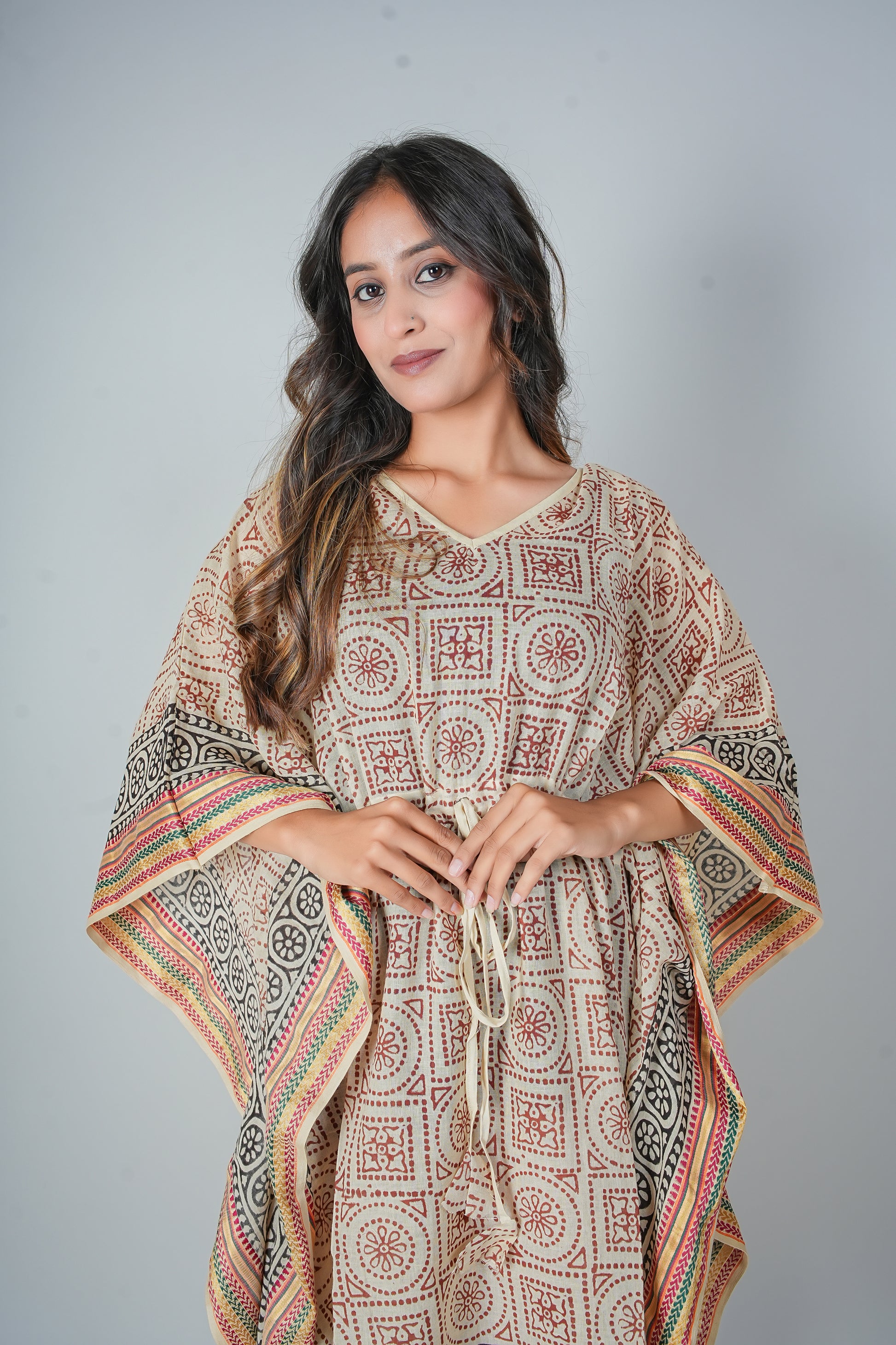 Hand Block Printed Cotton Kaftan Dress – Geometric Red & Black Mandala Panels (Free Size)
