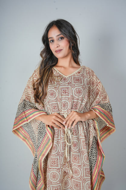 Hand Block Printed Cotton Kaftan Dress – Geometric Red & Black Mandala Panels (Free Size)
