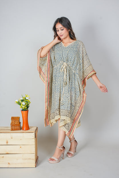 Hand Block Printed Cotton Kaftan Dress – Blue Floral Tile Print with Scroll Borders (Free Size)