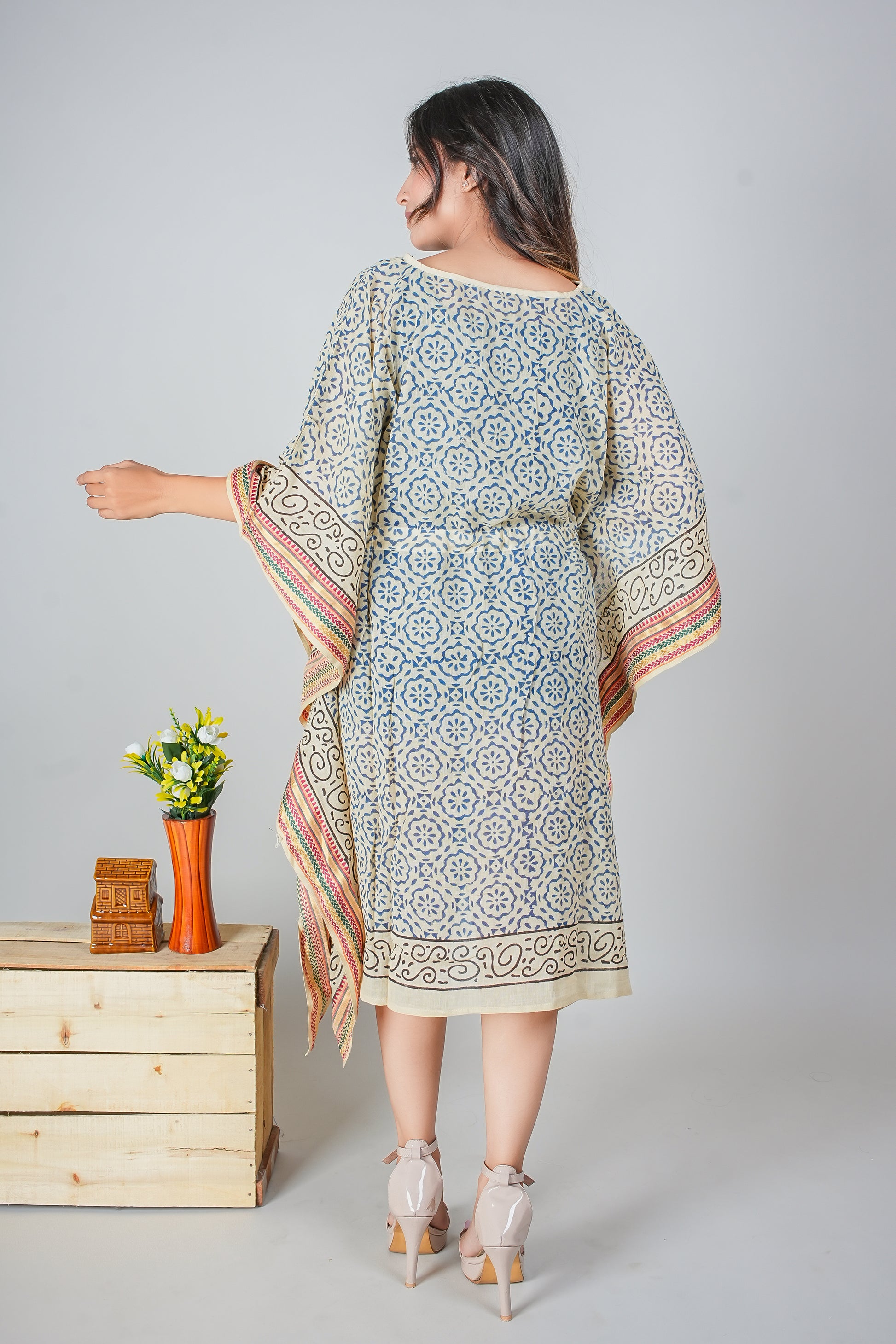 Hand Block Printed Cotton Kaftan Dress – Blue Floral Tile Print with Scroll Borders (Free Size)