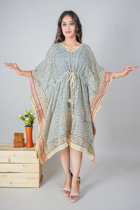 Hand Block Printed Cotton Kaftan Dress – Blue Floral Tile Print with Scroll Borders (Free Size)