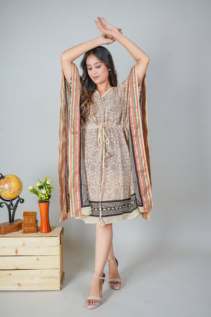 Hand Block Printed Cotton Kaftan Dress – Beige Rose Vines with Bold Black Borders (Free Size)