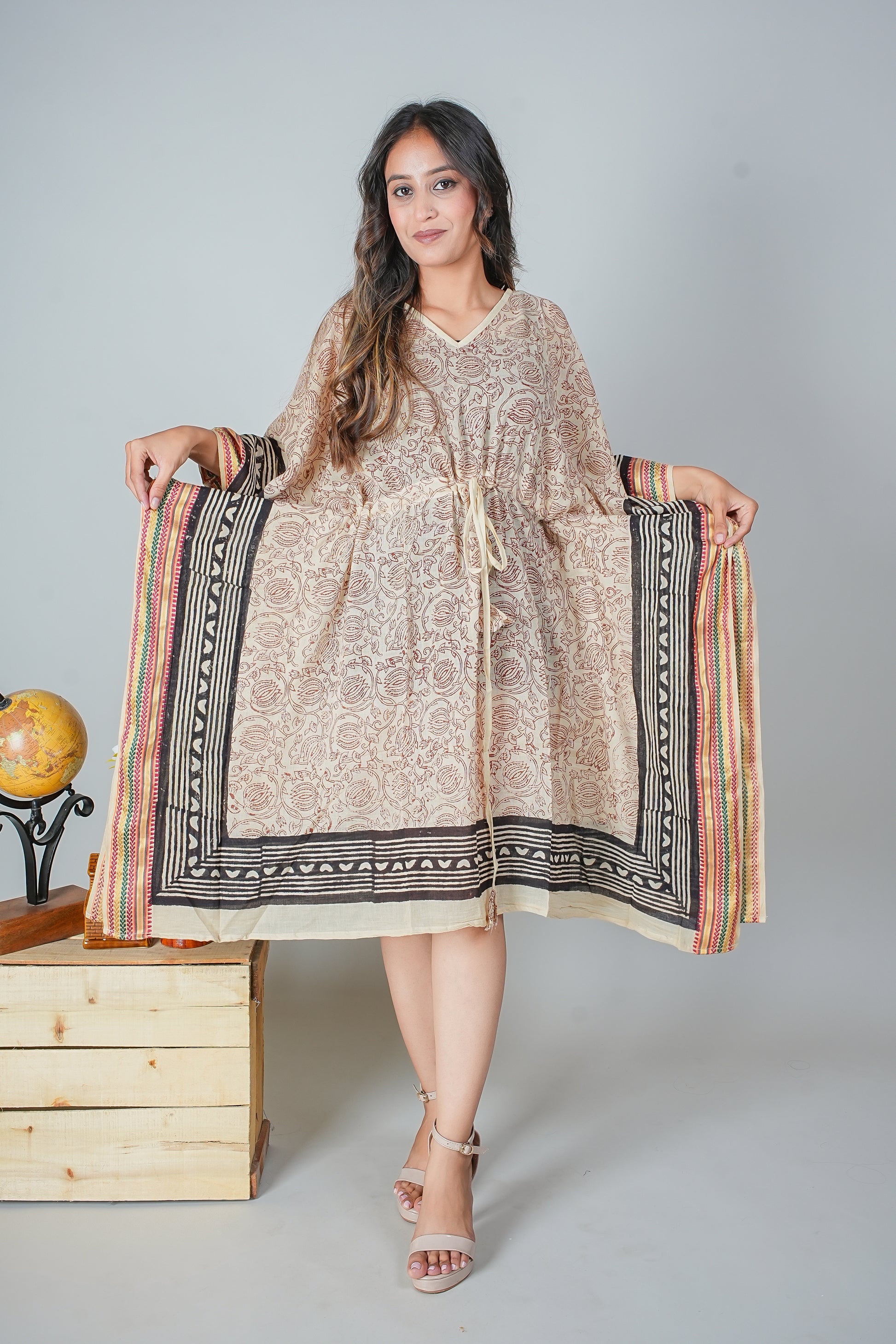 Hand Block Printed Cotton Kaftan Dress – Beige Rose Vines with Bold Black Borders (Free Size)