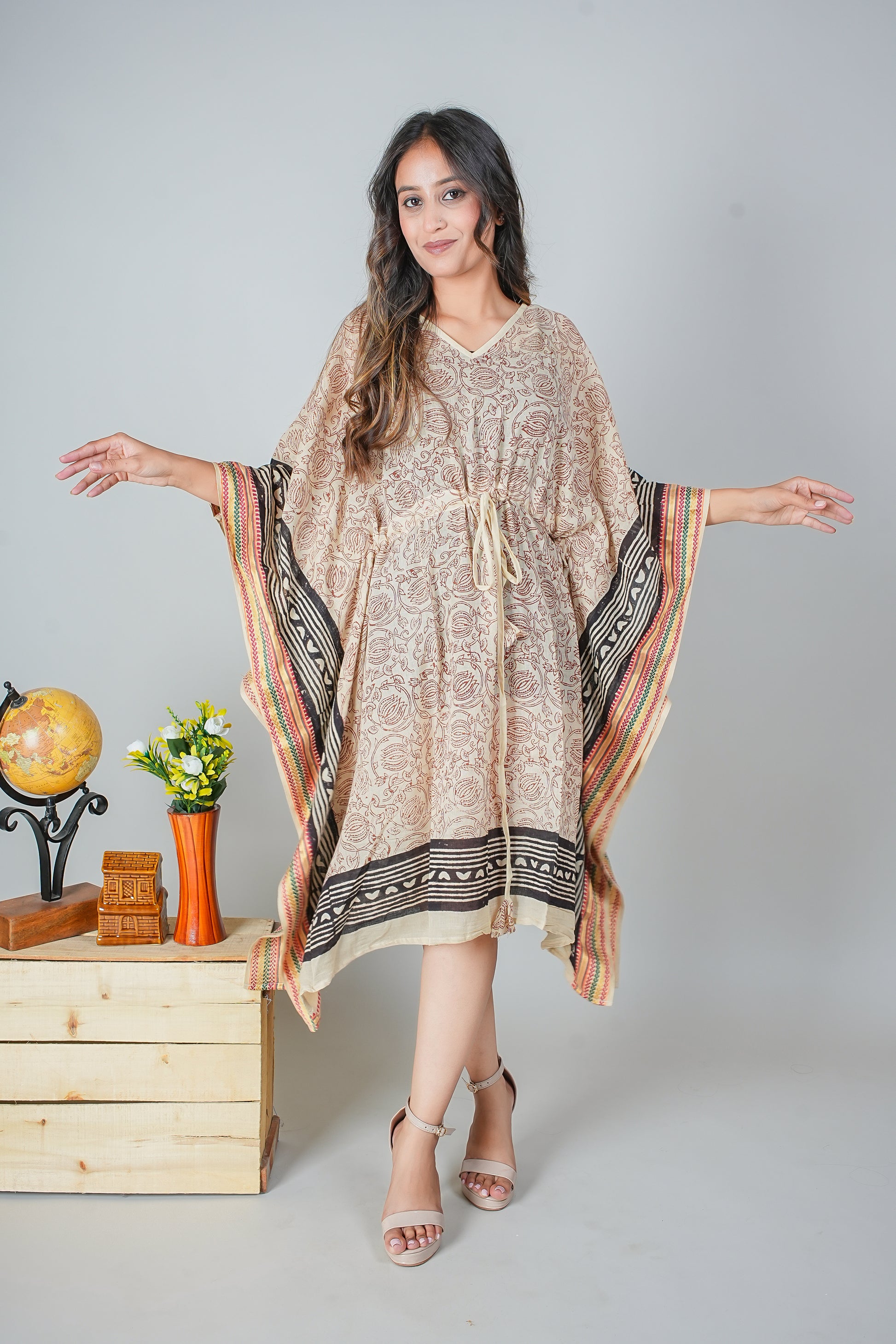 Hand Block Printed Cotton Kaftan Dress – Beige Rose Vines with Bold Black Borders (Free Size)