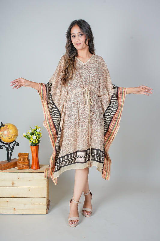 Hand Block Printed Cotton Kaftan Dress – Beige Rose Vines with Bold Black Borders (Free Size)