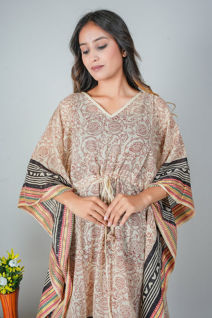 Hand Block Printed Cotton Kaftan Dress – Beige Rose Vines with Bold Black Borders (Free Size)