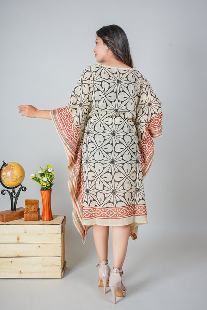 Hand Block Printed Cotton Kaftan Dress – Bold Floral Geometry in Black & Rust (Free Size)