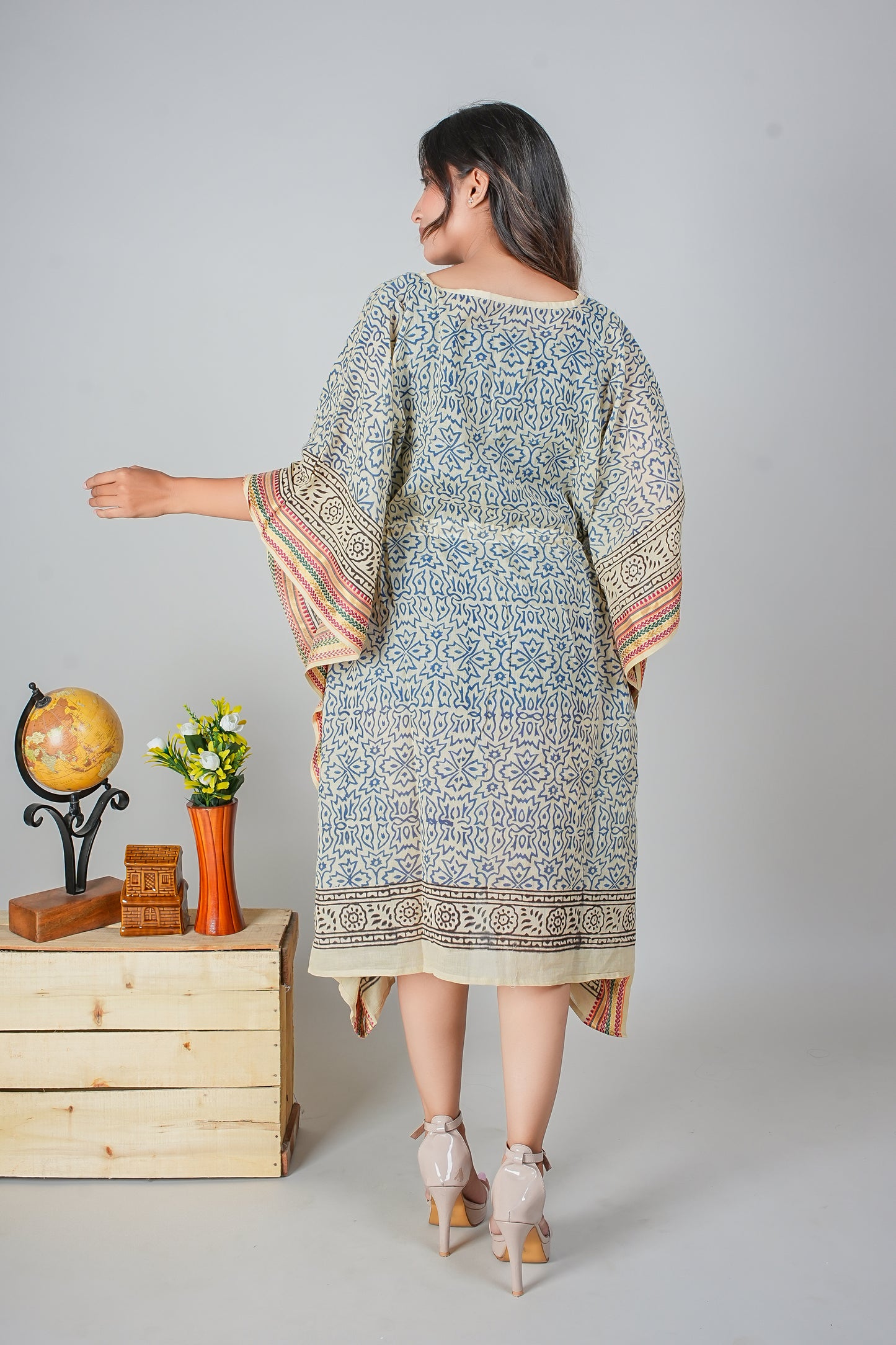 Hand Block Printed Cotton Caftan Dress – Blue Mughal Floral with Heritage Borders (Free Size)