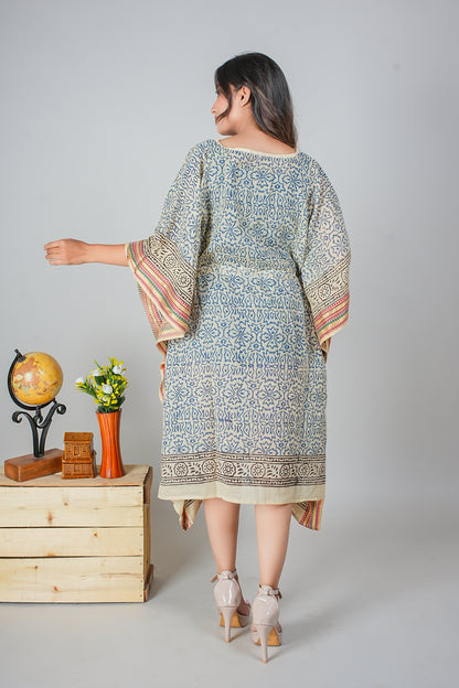 Hand Block Printed Cotton Caftan Dress – Blue Mughal Floral with Heritage Borders (Free Size)