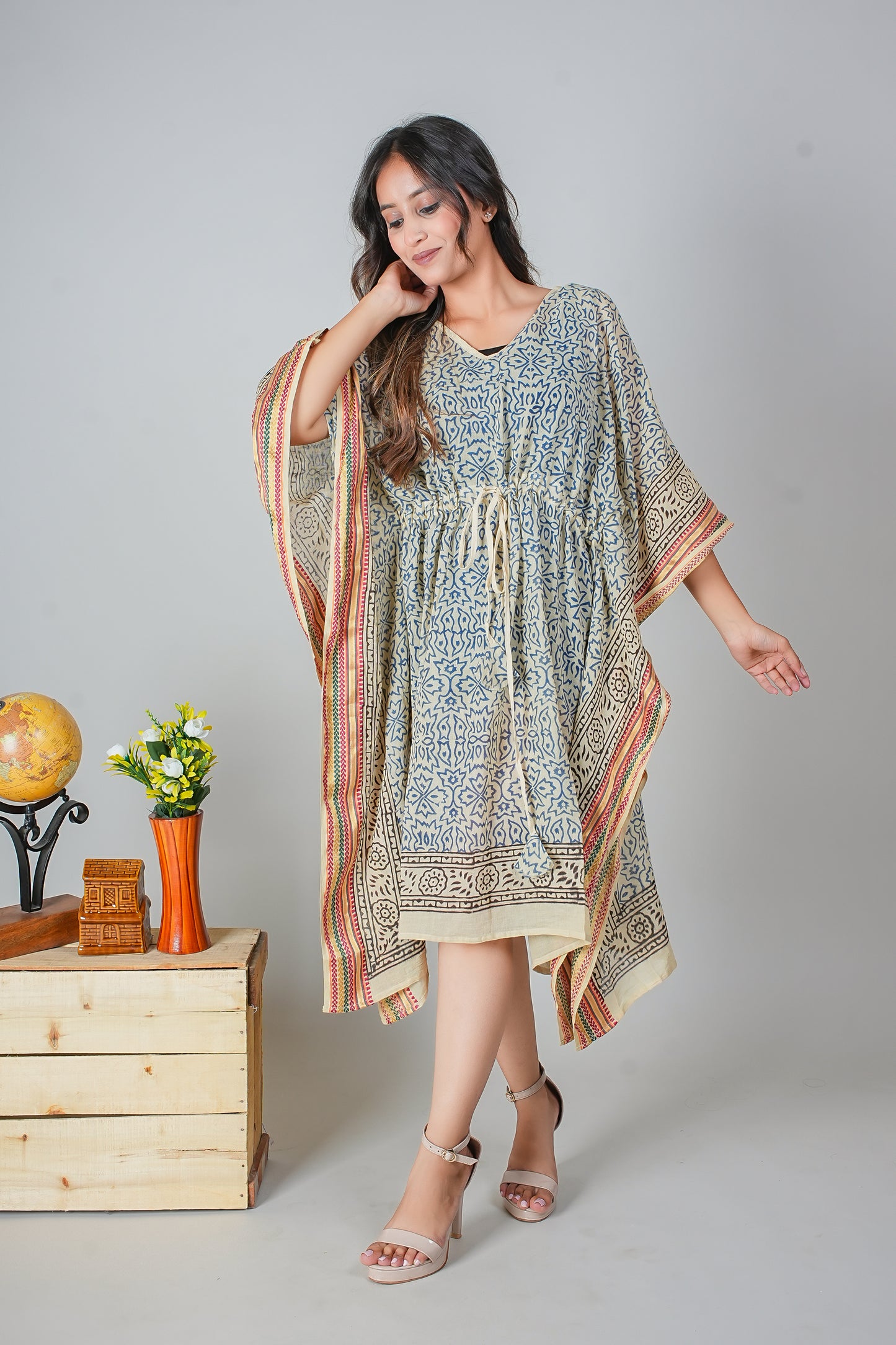 Hand Block Printed Cotton Caftan Dress – Blue Mughal Floral with Heritage Borders (Free Size)