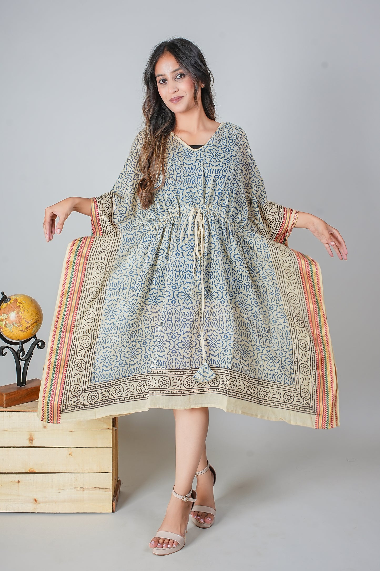 Hand Block Printed Cotton Caftan Dress – Blue Mughal Floral with Heritage Borders (Free Size)