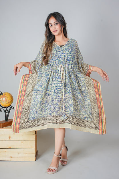 Hand Block Printed Cotton Caftan Dress – Blue Mughal Floral with Heritage Borders (Free Size)