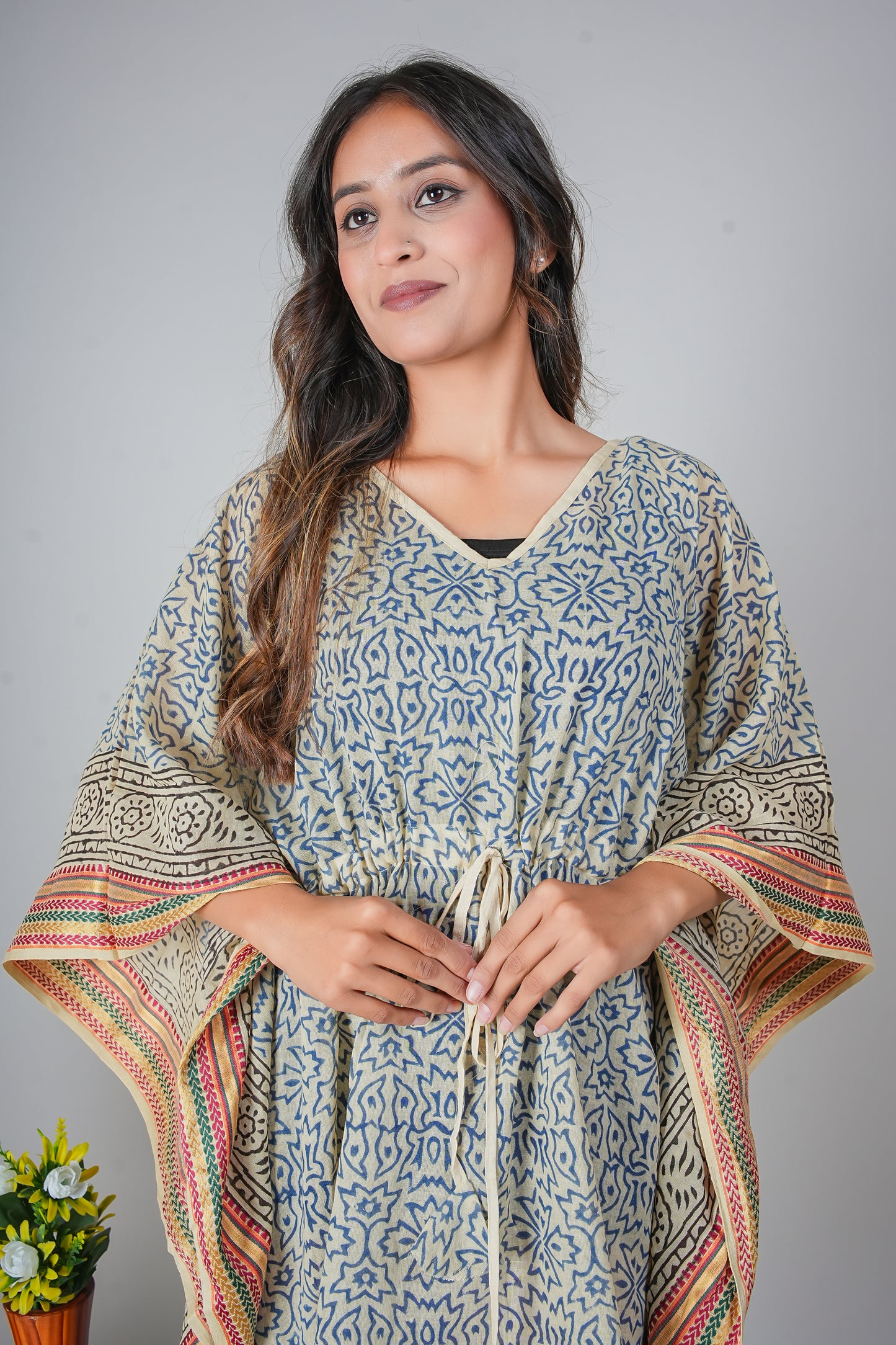 Hand Block Printed Cotton Caftan Dress – Blue Mughal Floral with Heritage Borders (Free Size)